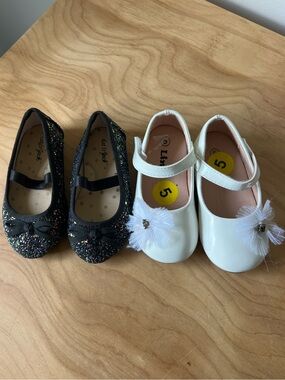 2 Pair: White Patent-look, Black Glittery Flats Sz 5 Toddler